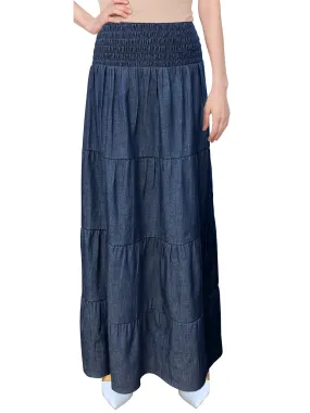 Baby'O Women's' Long Ankle Length Smocked Waist Summer Weight Denim Tiered Western Prairie Skirt
