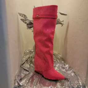 Beautiful Hot Pink Rhinestone Crystal Bejeweled Boots