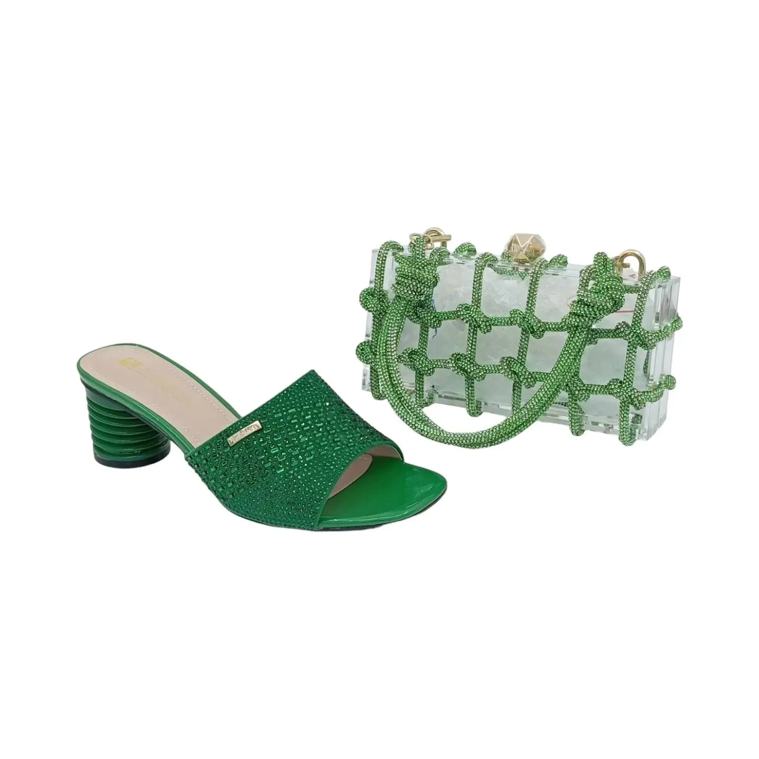 Crystal Mule Heels and Acrylic Handbag Set