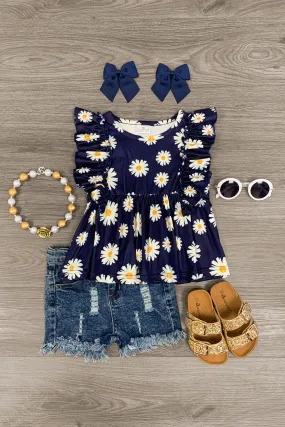 Navy Daisy Distressed Denim Short Set