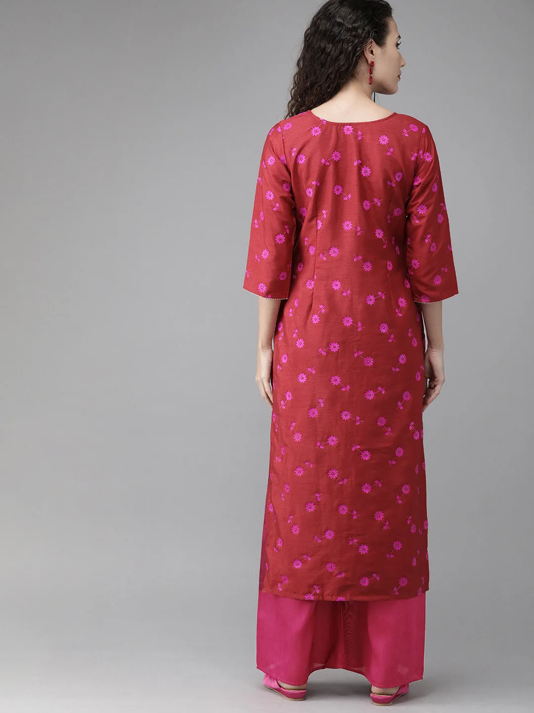Red Floral Print Kurta Set