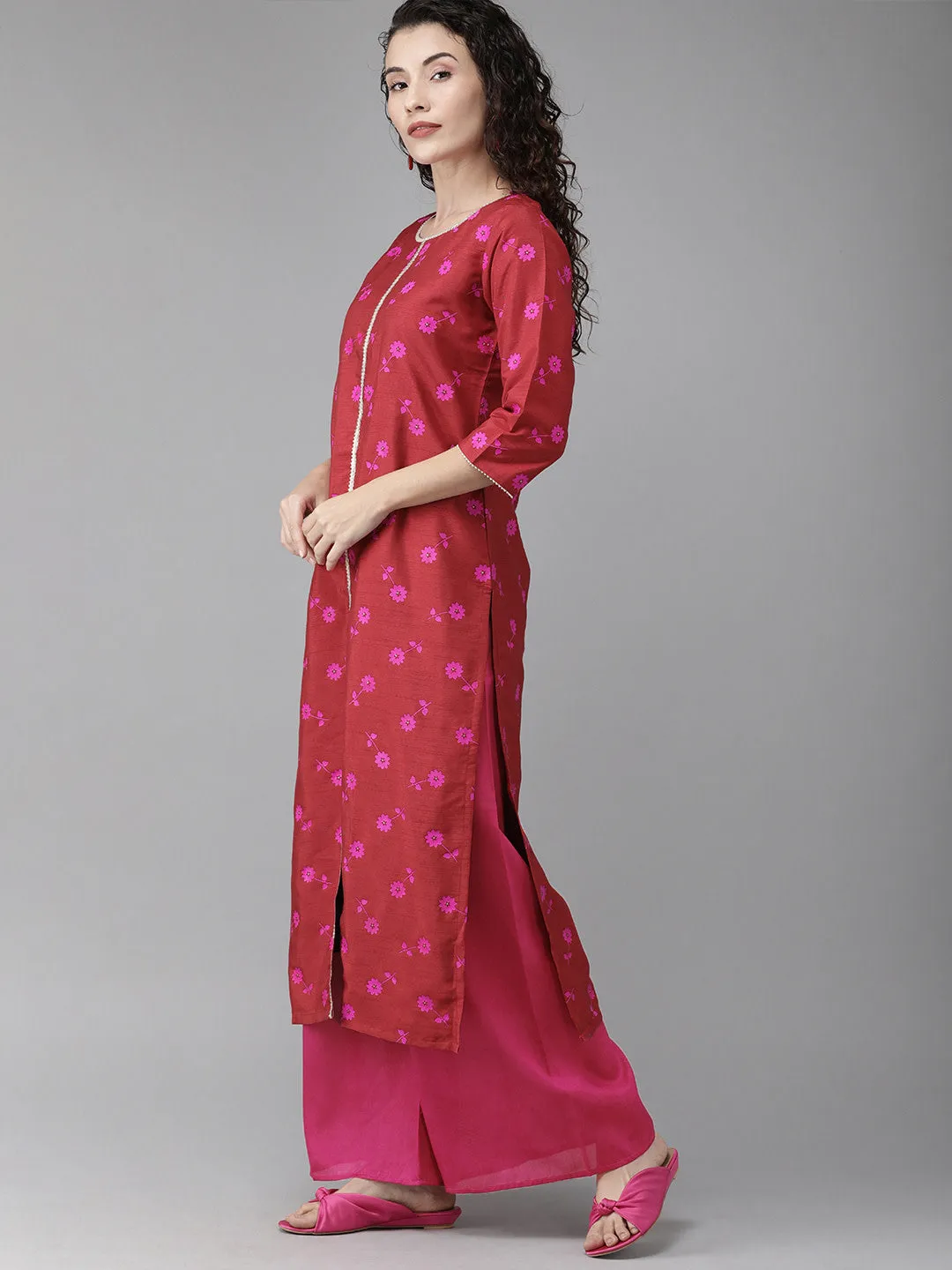 Red Floral Print Kurta Set