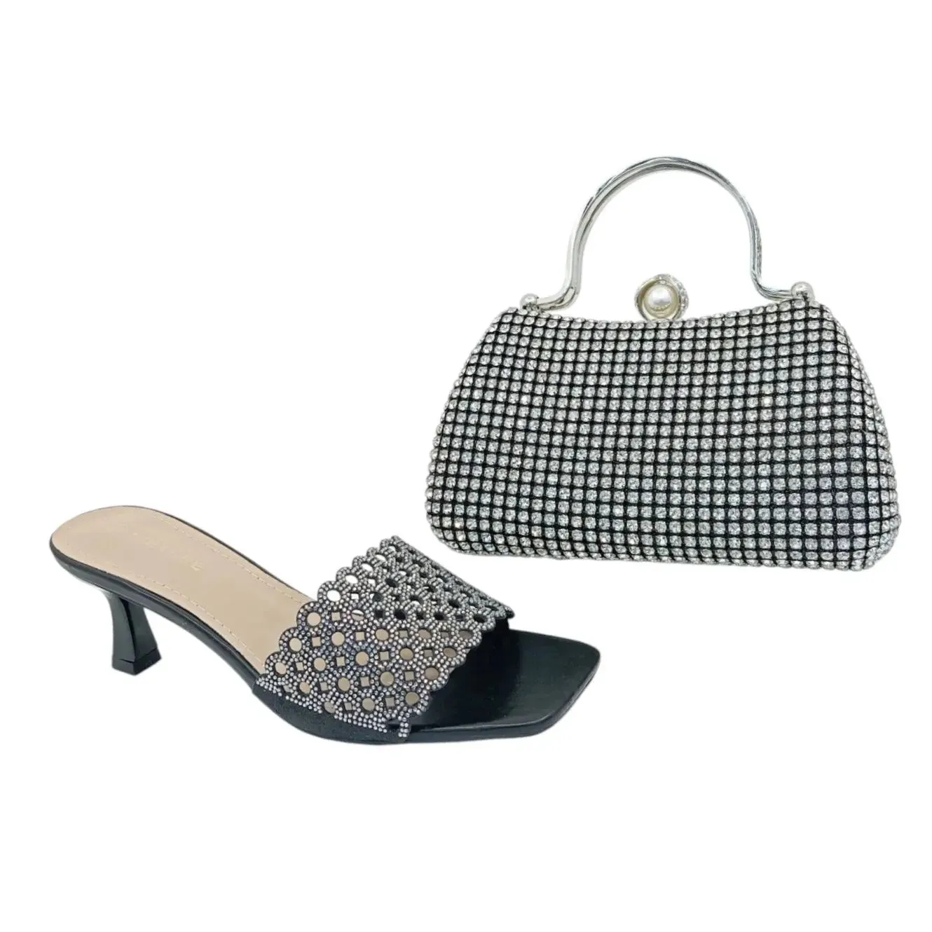 Rhinestone Mule Heels and Pearl Handle Clutch Set