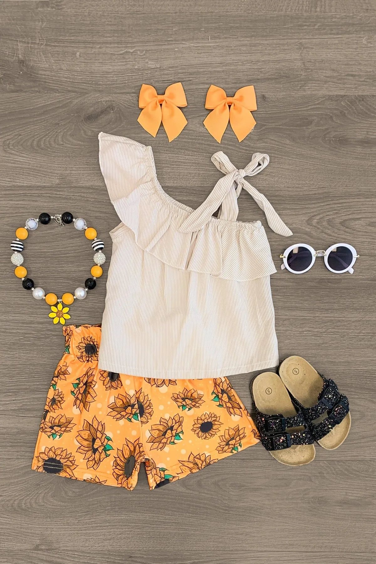 Striped Sunflower Tie Shoulder Short Set