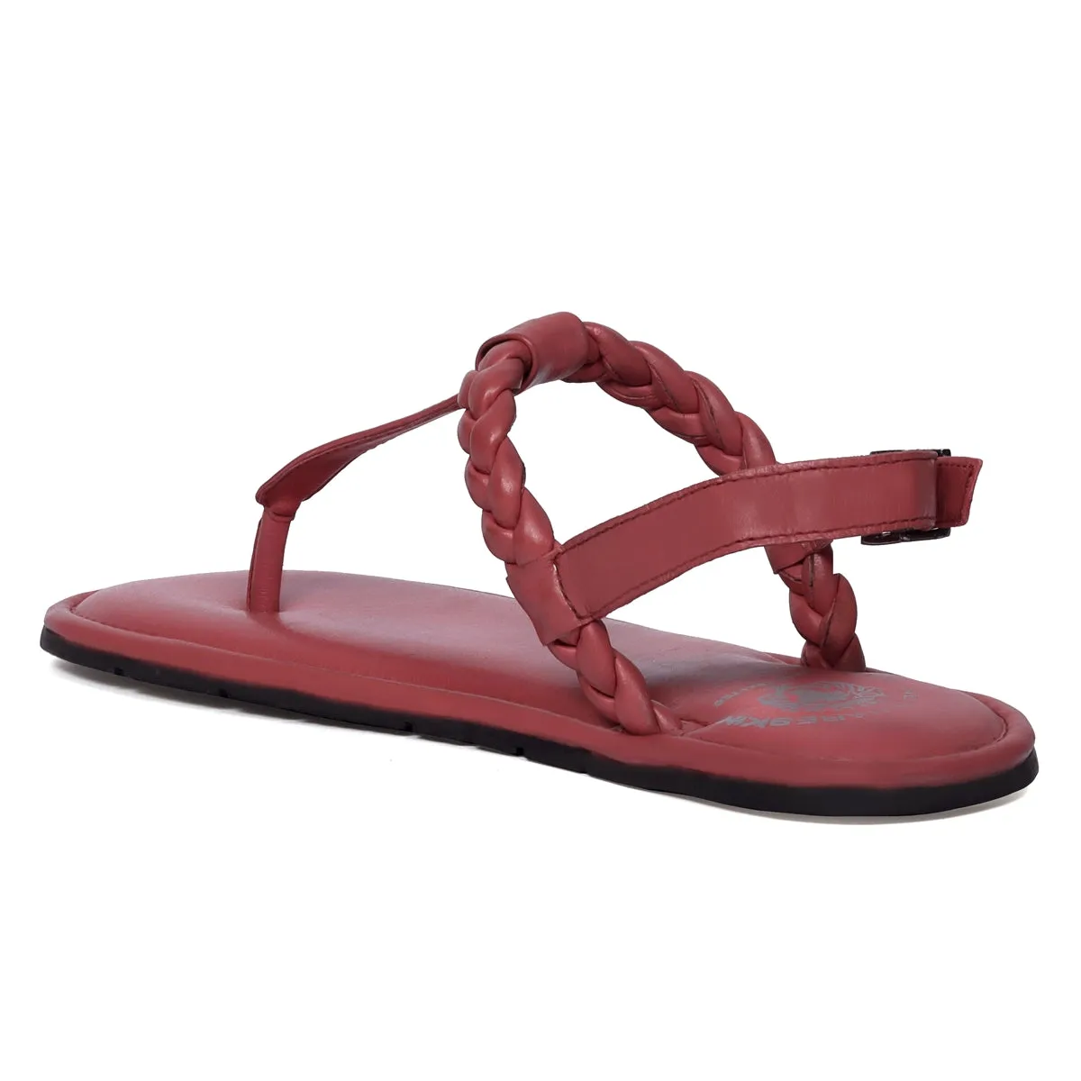 Weaved Loop Buckled T-Strap Pink Genuine Leather Ladies Sandal by Brune & Bareskin