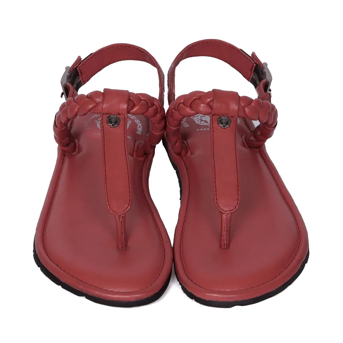 Weaved Loop Buckled T-Strap Pink Genuine Leather Ladies Sandal by Brune & Bareskin