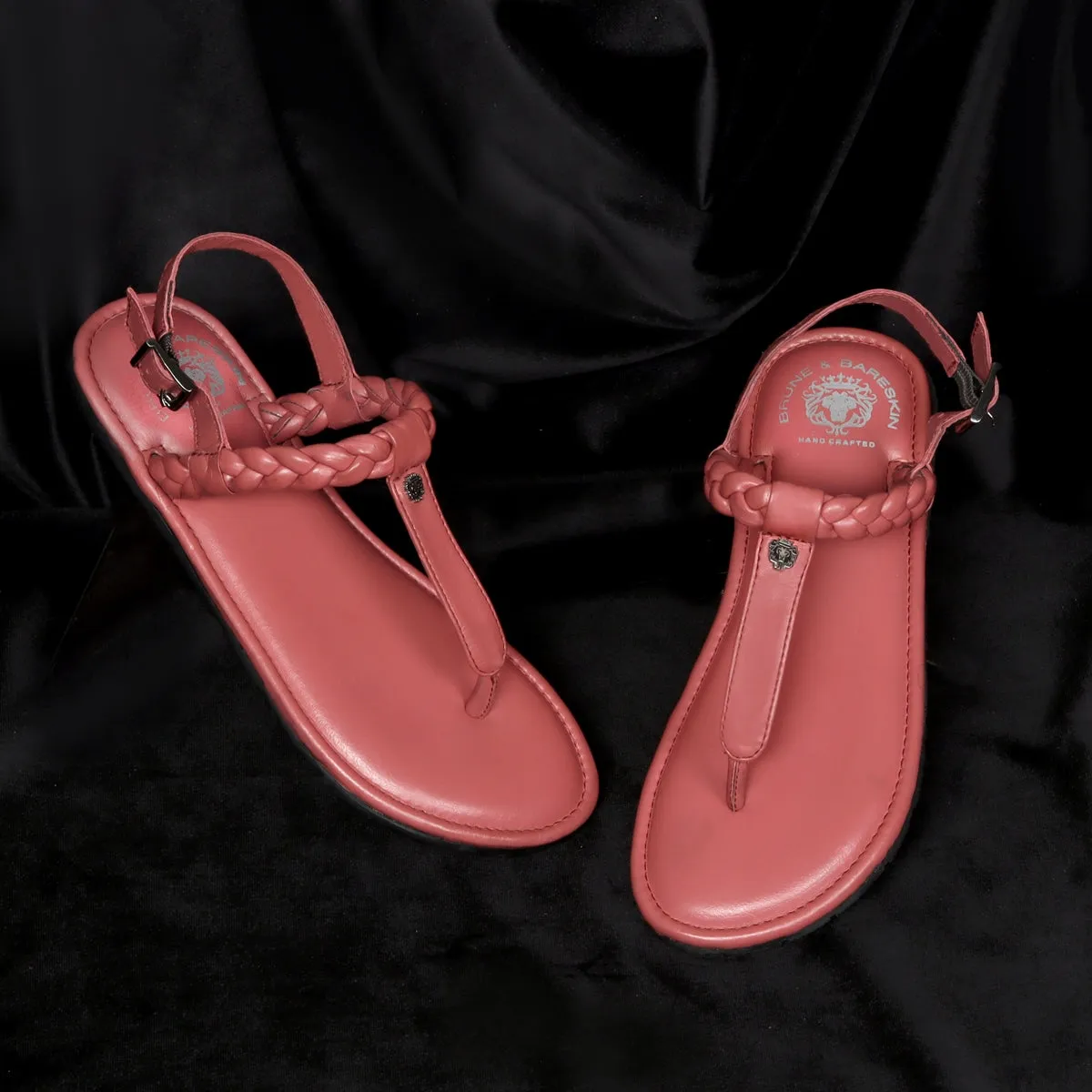 Weaved Loop Buckled T-Strap Pink Genuine Leather Ladies Sandal by Brune & Bareskin