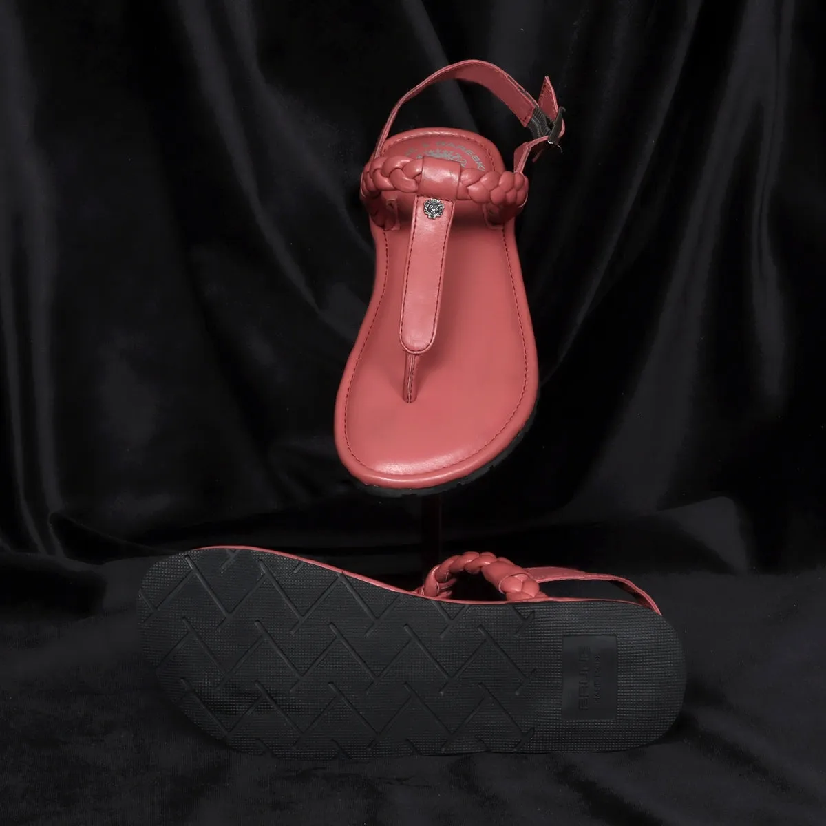Weaved Loop Buckled T-Strap Pink Genuine Leather Ladies Sandal by Brune & Bareskin