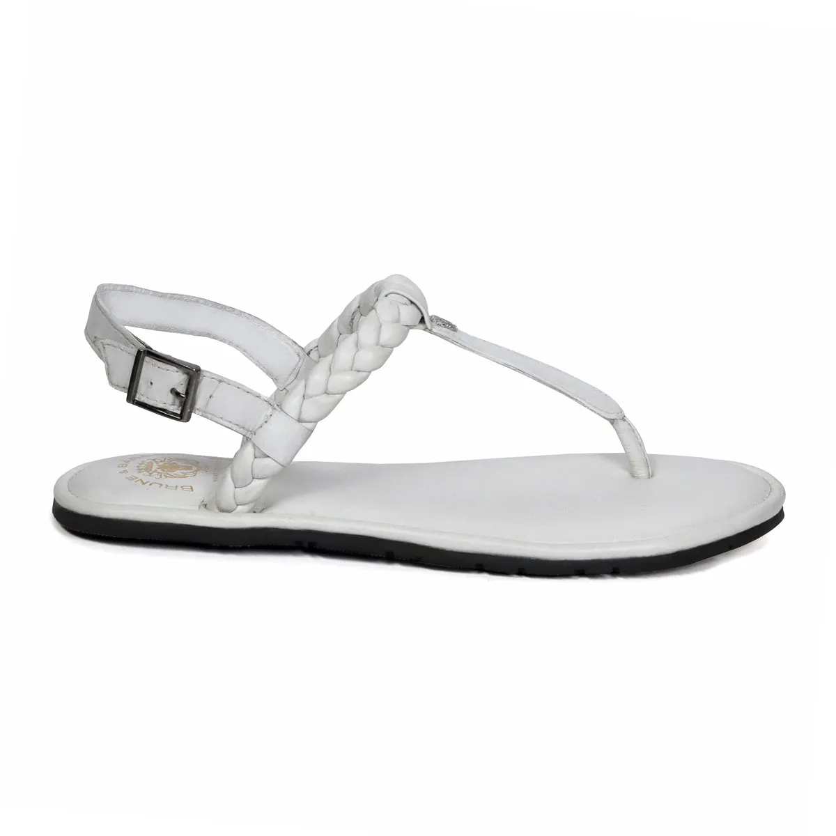 Weaved Loop Buckled T-Strap White Genuine Leather Ladies Sandal by Brune & Bareskin