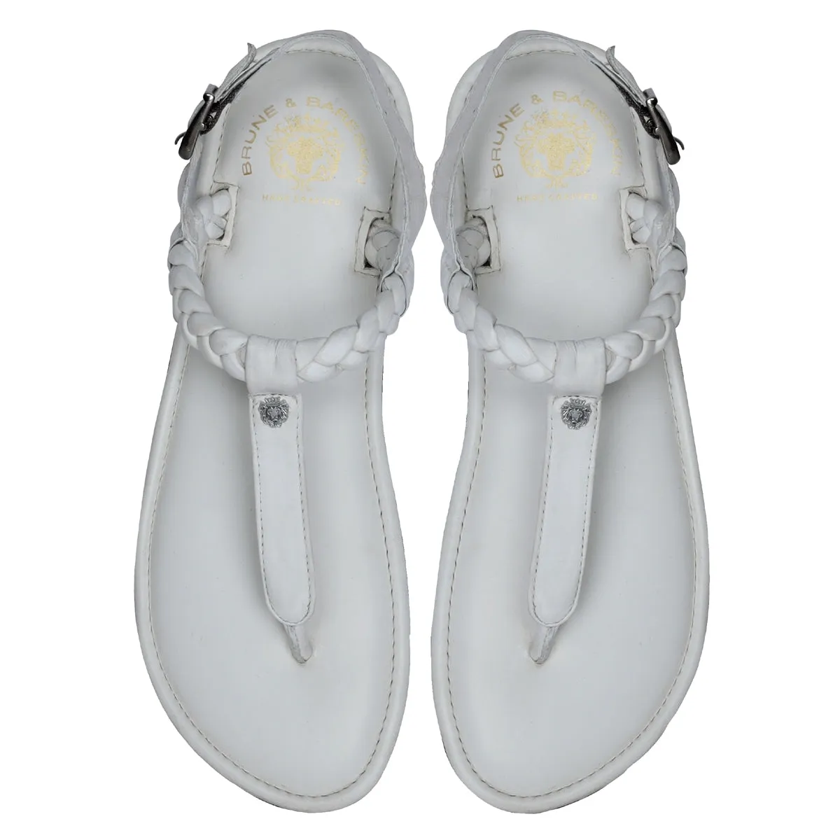 Weaved Loop Buckled T-Strap White Genuine Leather Ladies Sandal by Brune & Bareskin