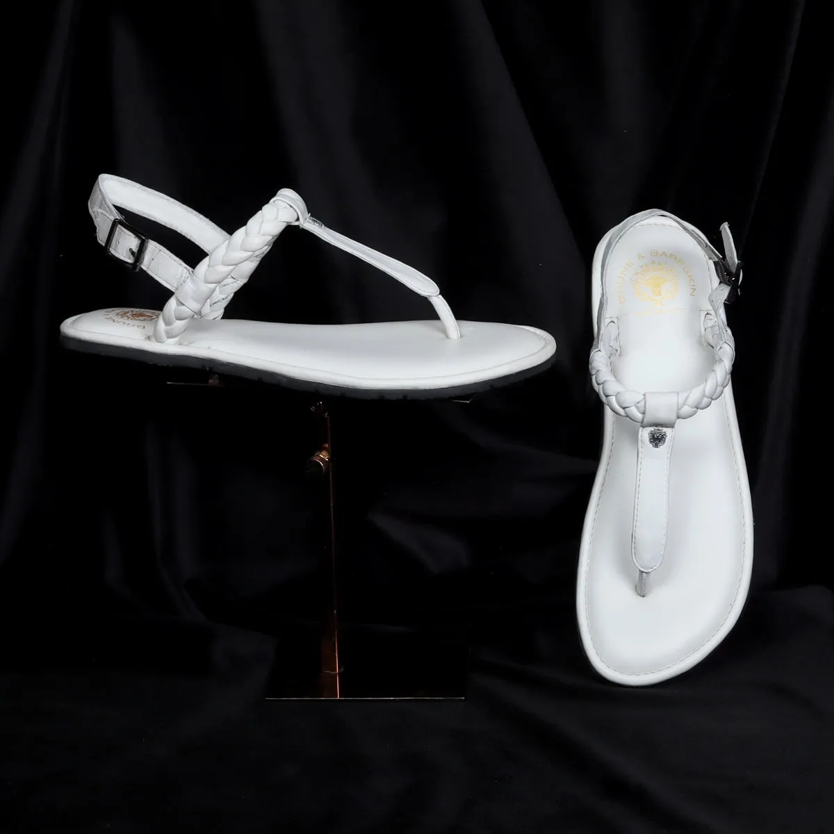 Weaved Loop Buckled T-Strap White Genuine Leather Ladies Sandal by Brune & Bareskin