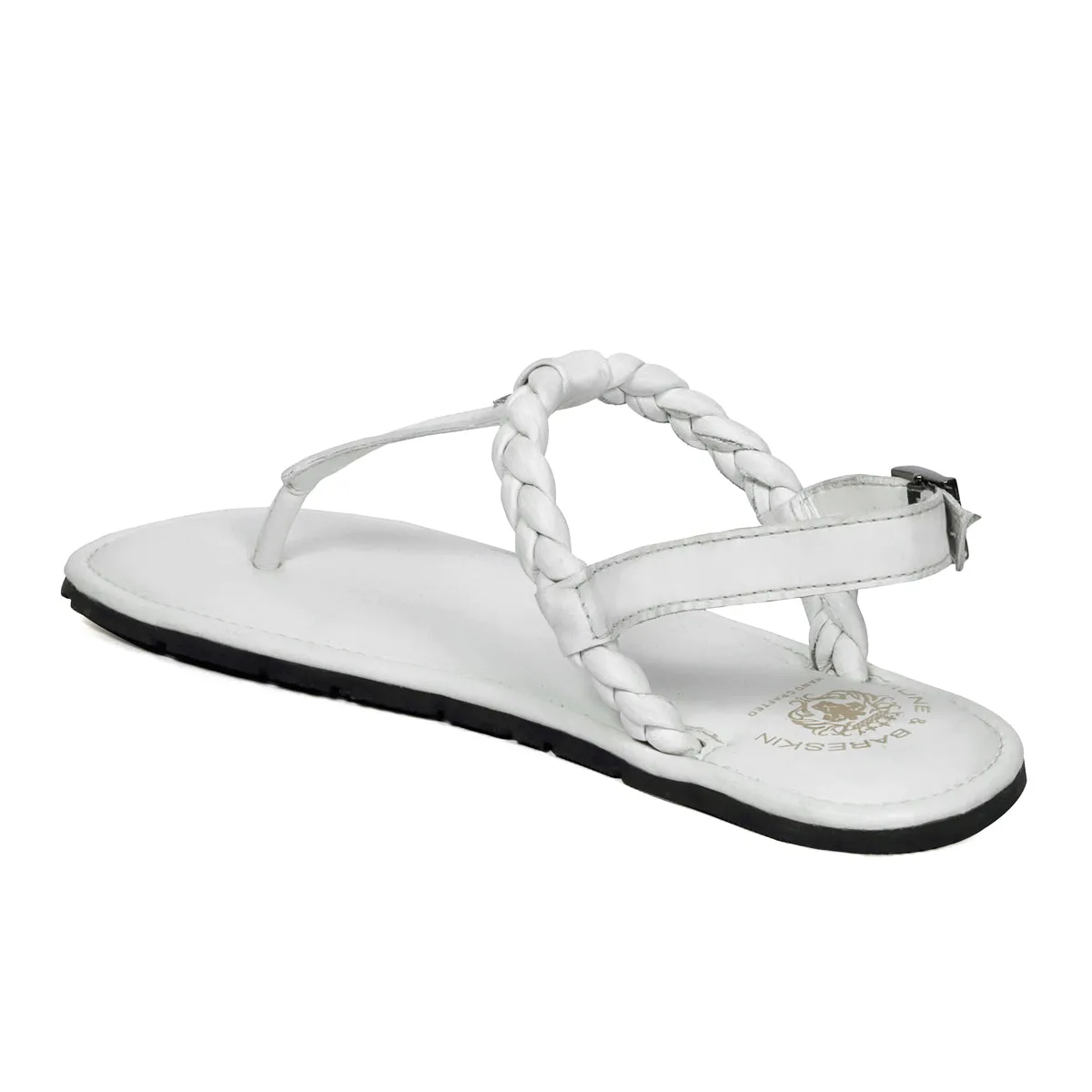 Weaved Loop Buckled T-Strap White Genuine Leather Ladies Sandal by Brune & Bareskin