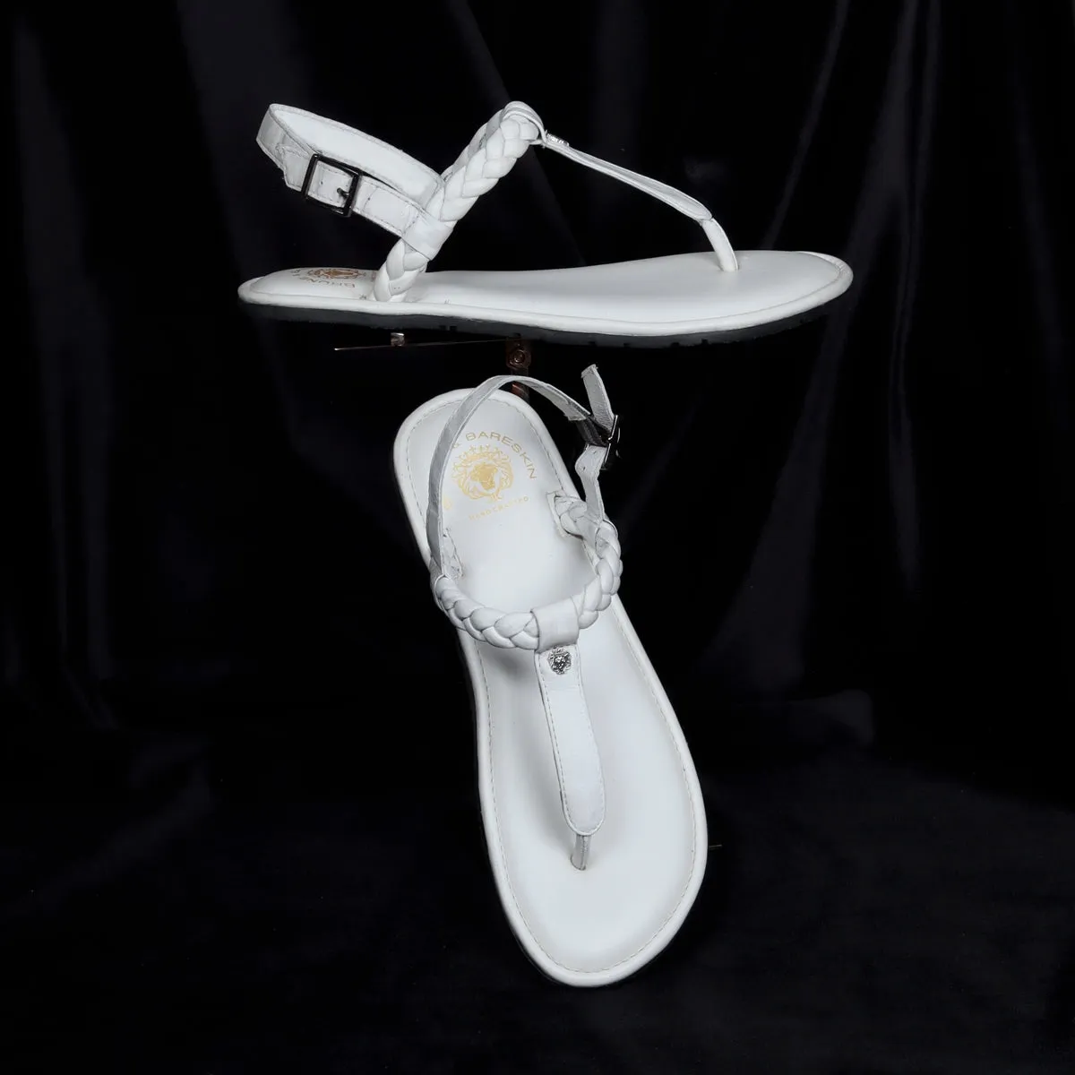Weaved Loop Buckled T-Strap White Genuine Leather Ladies Sandal by Brune & Bareskin